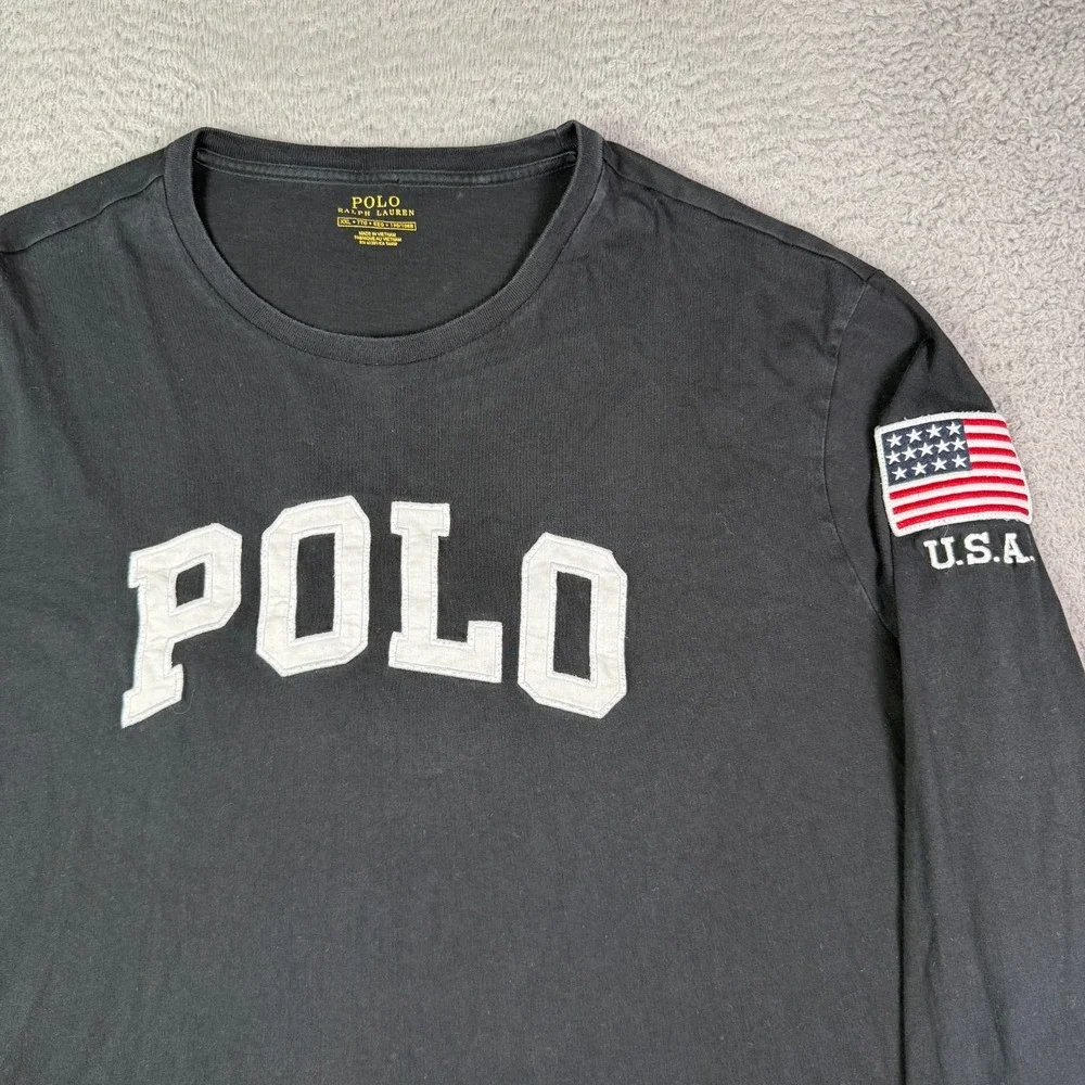 Polo Ralph Lauren T-Shirt Mens 2XL Black Long Sleeve USA Flag Patch Logo